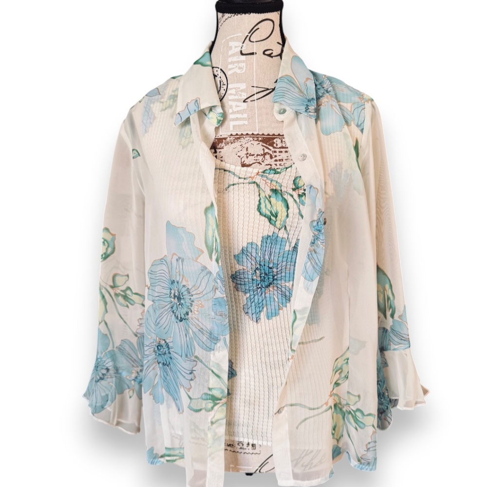 Nicola Floral Tank Top & Sheer Button-Down Cover-Up Set Size M